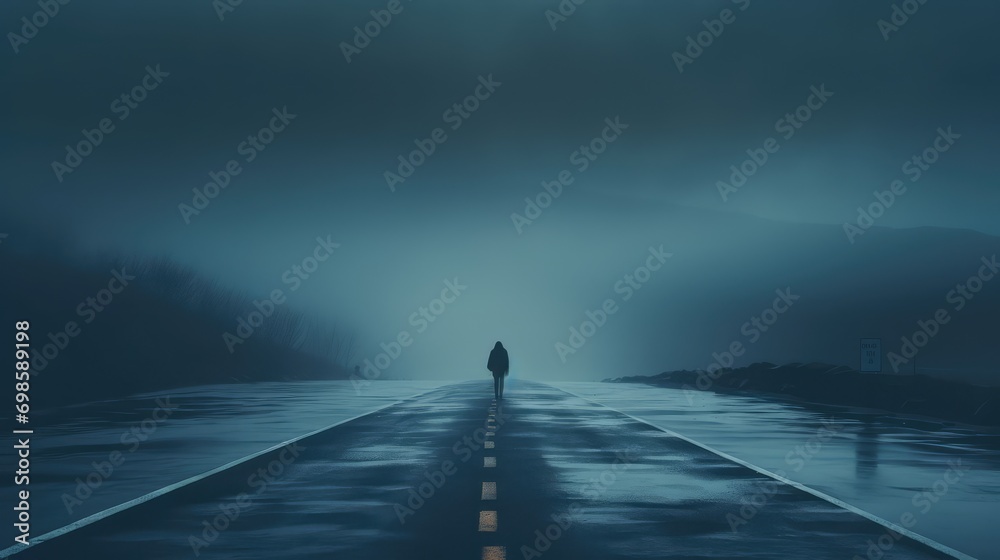Person walking alone on a dark road